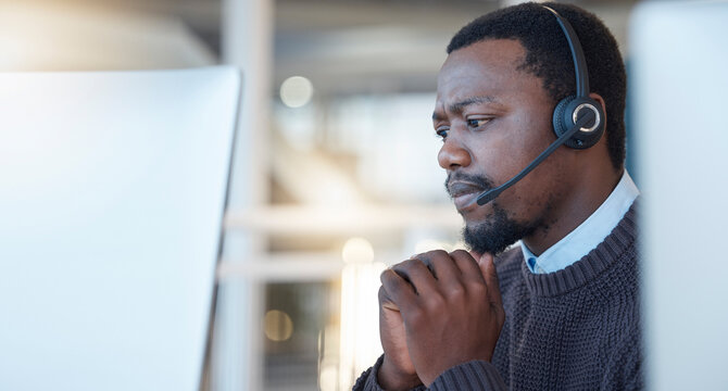 Stress, call center and black man customer service agent with worry, frustration or burnout in office. Nervous, confused and African male telemarketing consultant working on consultation in workplace