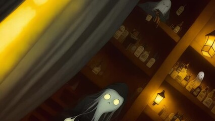 Wall Mural - Friendly Halloween Ghosts and Witches Having Pints at the Local Pub. Storybook Image. Cute Cartoon Halloween Creatures Having Beers at a Cozy Bar. Fantasy / Horror / Historic Animated Clip. 