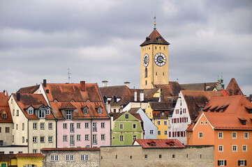 Wall Mural - Historical town hall clock tower and colorful old buildings in Regensburg Germany