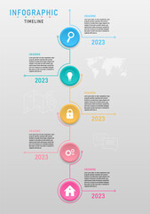 Wall Mural - 5 year time line vertical infographic, circle with center icon and multi colored circle lines. gray gradient background Design for business, marketing, finance, investment, product, project, planning.