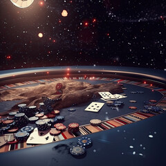 Wall Mural - Poker in Outer Space: Playing Cards and Cosmic Chips on Futuristic Casino Table Created Using Generative Ai
