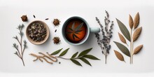 One Can See A Cup Of Tea And A Teapot On A White Backdrop, Along With Some Dried Herbs, From Above. Generative AI