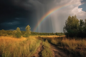  Rainbow over stormy sky. Rural landscape with rainbow over dark stormy sky in a countryside at summer day. created with Generative AI technology