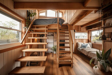 Tiny House Interior With Natural Wooden Decor. Generative AI Illustration