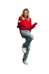 full length portrait of a joyful young woman jumping and celebrating over transparent background