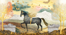 3D Mural Wallpaper Suitable For Frame Canvas Print . Horse And Golden Trees With Colored Mountains. Golden Sun And Birds With Modern Background, Generative AI