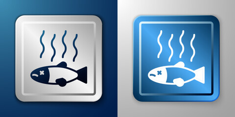 Canvas Print - White Dead fish icon isolated on blue and grey background. Rotten fish. Silver and blue square button. Vector