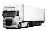 Fototapeta  - A modern European truck with a cab and semi-trailer in full white. Front side view isolated on white background.
