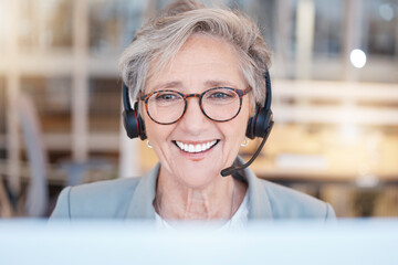 Telemarketing, consultant and senior woman with smile, customer service and call center in workplace. Mature female employee, entrepreneur and agent with headset, happiness and tech support in office