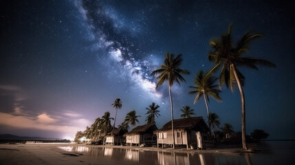 Wall Mural - Seawater Glows as Milky Way Shines on Woody House and Coconut Trees Created Using Generative Ai