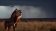  a lion standing in a field with a storm in the background and a cloud in the sky above it, with it's mouth open wide open wide open mouth.  generative ai