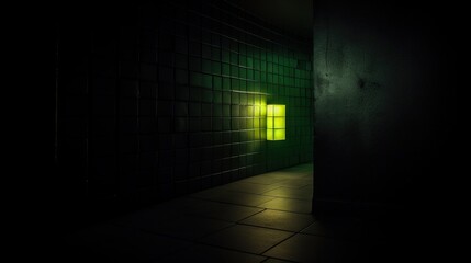 Poster -  a dark room with a green light coming through the door and a tiled wall with a green light coming through the door and a dark floor.  generative ai