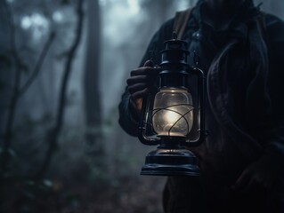 Wall Mural -  a man holding a lantern in a dark forest in the dark with fog on the trees and fog on the ground and fog on the ground.  generative ai