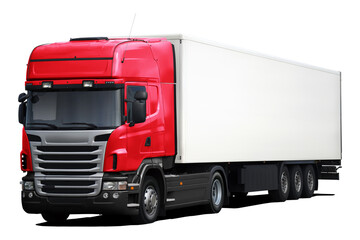 Wall Mural - A modern European truck with a red cab, black plastic bumper and a full white semi-trailer. Front side view isolated on white background.
