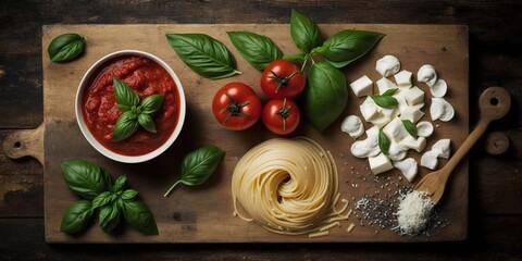 Sticker - Tomato sauce, mozzarella cheese, spaghetti, garlic, and basil on a wooden board, seen from above. Generative AI