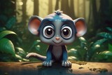 Fototapeta  - Cute Cartoon Monkey Cat With Very Big Eyes Magic Forest. Generative AI