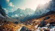 Bild von schneebedeckten Bergen, majestätisch, ruhig, atemberaubend, farbenfroh, ursprünglich