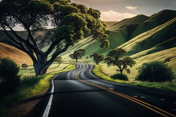 Wall Mural - Daytime views of rolling hills and verdant trees from an asphalt road Generative AI