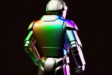 Poster - colorful robot standing in a dark environment. Generative AI