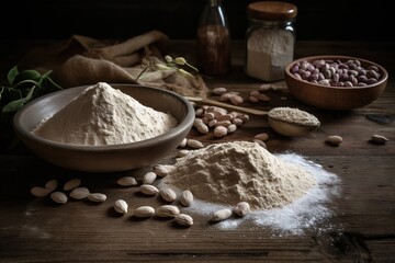 Wall Mural -  a table topped with lots of different types of food items next to a bowl of nuts and a spoon of flour on top of a wooden table.  generative ai