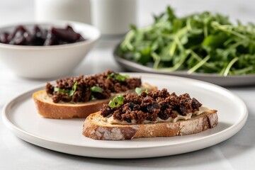  a white plate topped with two pieces of bread covered in meat and veggies next to a bowl of greens and a glass of milk.  generative ai