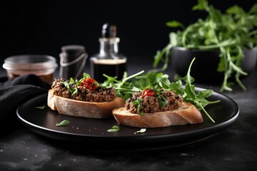  a black plate topped with two pieces of bread covered in meat and veggies next to a cup of coffee and a sprig of basil.  generative ai