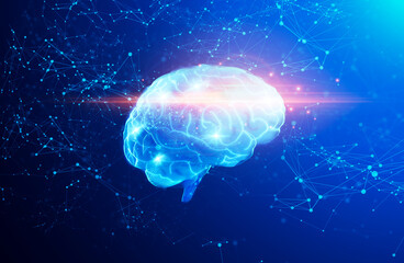 Aufkleber - 3D illustration Of Human Brain Hologram Over Abstract Background With Polygonal Connections