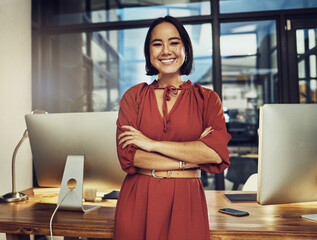 Aufkleber - Portrait, smile and late with a business woman in her office, arms crossed while working in the evening at night. Vision, happy and dark with an asian female employee standing at work for dedication