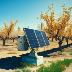 Wall Mural - Solar panels in an orchard. Generative AI.