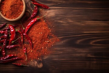  a wooden table with a bowl of red chili powder and a spoon of chili powder on top of the bowl and a spoon of chili powder on the side.  generative ai