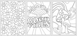 Groovy digital coloring pages set. Hippie coloring book in vintage 70s  style. Geometric retro design templates with Psychedelic flowers,  mushrooms, rainbow and hand drawn elements. Vector illustration Stock  Vector
