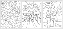 Groovy Digital Coloring Pages Set. Hippie Coloring Book In Vintage 70s Style. Geometric Retro Design Templates With Psychedelic Flowers, Mushrooms, Rainbow And Hand Drawn Elements. Vector Illustration
