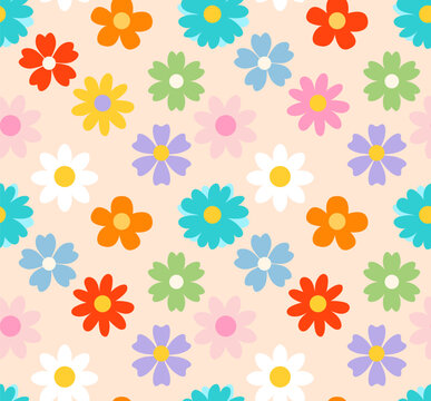 Wall Mural - 70s groovy seamless pattern with flowers. Colorful print with vintage cartoon hippie flower petals and a retro vibe. Colorful design template for summer, spring background. Vector illustration