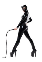 Beautiful Woman In Latex Catsuit With Mask And Collar