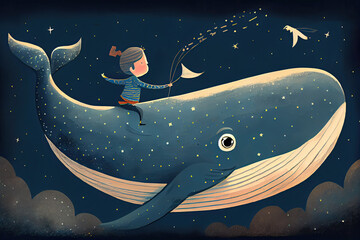 Adorable hand-drawn illustration of a child and a big blue whale flying through space. The cute cartoon design is full of aquatic creatures, stars, and a surreal nautical landscape. Generative AI