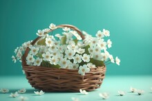  A Basket Filled With White Flowers Sitting On Top Of A Blue Table Next To A Green Wall With White Flowers In It And Petals Scattered Around The Basket.  Generative Ai