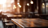 Fototapeta  - Restaurant of cafe Ambiance with blurred bokeh effect. An Empty Table with a Blurred Background to Highlight Your Product, high quality generative ai