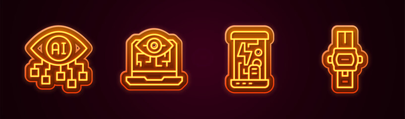 Poster - Set line Computer vision, Cryogenic capsules and Wrist watch. Glowing neon icon. Vector