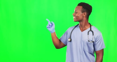 Sticker - Happy man, face and doctor on green screen pointing to news, mockup and background. Portrait, black male and healthcare professional advertising promotion, presentation of medical offer and marketing