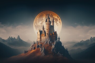 Wall Mural - medieval castle atop a hill under a full moon. Generative AI