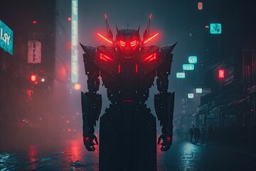 Poster - futuristic robot standing in the middle of a busy city at night. Generative AI