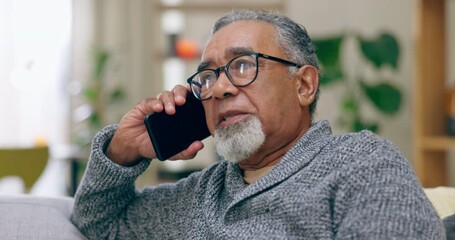 Canvas Print - Phone call, relax and senior man on a sofa while sitting in the living room of his modern house. Communication, technology and elderly male in retirement resting while on mobile conversation at home.