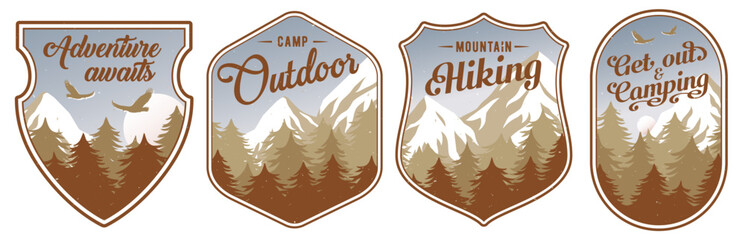 Wall Mural - Mountain for camping and outdoor travel expedition. Forest emblem set for camp outdoor adventure or hiking and climbing