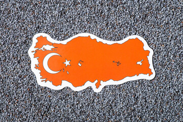 Poster - Flag and map sticker of Turkey in poppy seed. Growing poppy seed in Turkey country concept