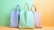 © MADMAT - A set of colorful, eco - friendly reusable shopping bags, leaving a generous space above for text, surrounded by a pastel background that promotes environmental awareness. Generative ai.