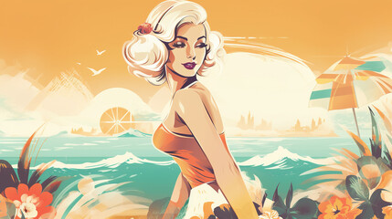 Beautiful beach banner 60s retro vintage pin up girl style. Generative AI.