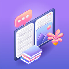 Poster - Trending 3D Isometric, cartoon illustration. Concept of online education. Book pages learning resources, study course. Concept of business analysis. Vector
