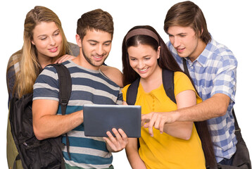 Poster - Students using digital tablet at college corridor