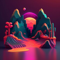 3d render, of a fantasy landscape minimalistic and abstract, geometric background, colorful neon linear sign. Created using generative AI.