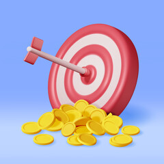 Aufkleber - 3D Stacks of Coins and Target with Arrow Isolated. Render Dartboard with Arrow and Golden Money. Business or Finance Target Concept. Targeting Audience. Achievement and Success. Vector Illustration